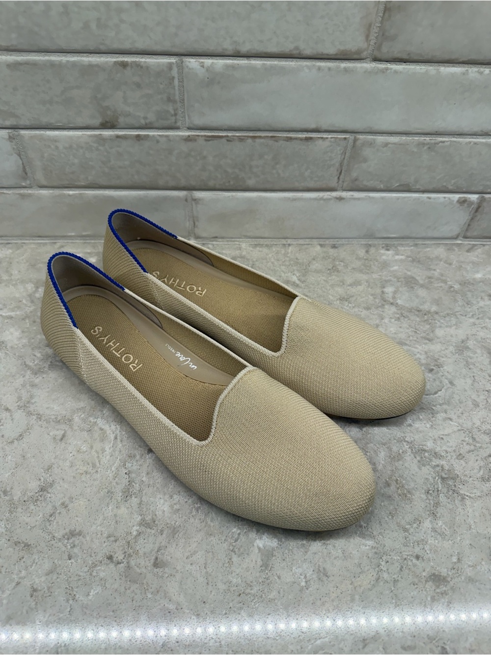 Rothy's Beige Knit Slip-On Flats with Blue Trim